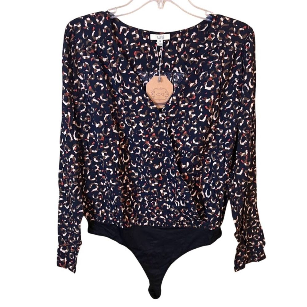 Kori America Black Leopard Print Surplice Bodysuit - M -‎ NWT